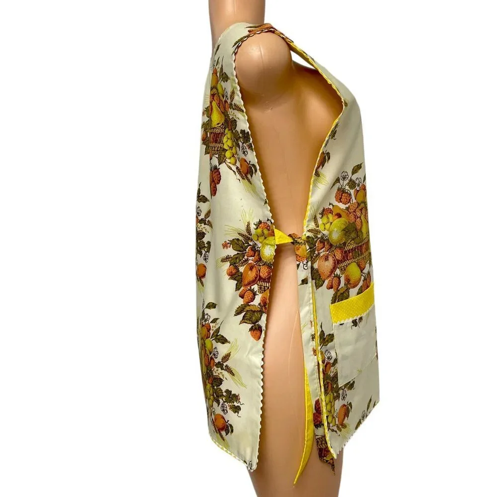 Women Yellow Orange Reversible Bib Apron Fruit Floral Pattern Vintage Autumn - Picture 9 of 14